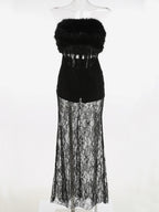 Sexy Faux Fur Lace Maxi Dress For Women - Black Strapless Corset Bodysuit Long Gown With Sheer Skirt - Summer Evening Party 2026