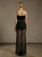 Sexy Faux Fur Lace Maxi Dress For Women - Black Strapless Corset Bodysuit Long Gown With Sheer Skirt - Summer Evening Party 2026