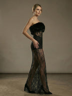 Sexy Faux Fur Lace Maxi Dress For Women - Black Strapless Corset Bodysuit Long Gown With Sheer Skirt - Summer Evening Party 2026
