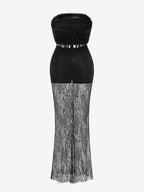 Sexy Faux Fur Lace Maxi Dress For Women - Black Strapless Corset Bodysuit Long Gown With Sheer Skirt - Summer Evening Party 2026