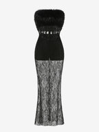 Sexy Faux Fur Lace Maxi Dress For Women - Black Strapless Corset Bodysuit Long Gown With Sheer Skirt - Summer Evening Party 2026