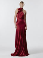 Elegant Rosette Halter Maxi Dress For Women - Silk Like Satin Backless Drape Neck Sleeveless Gown - Spring Evening Party 2026