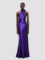 Elegant Rosette Halter Maxi Dress For Women - Silk Like Satin Backless Drape Neck Sleeveless Gown - Spring Evening Party 2026