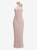 Elegant Rosette Halter Maxi Dress For Women - Silk Like Satin Backless Drape Neck Sleeveless Gown - Spring Evening Party 2026