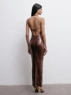 Sparkly Sequin Maxi Formal Dress For Women - Brown Halter Backless Bodycon Slim Long Gown - Summer Gala Night Out Party 2026