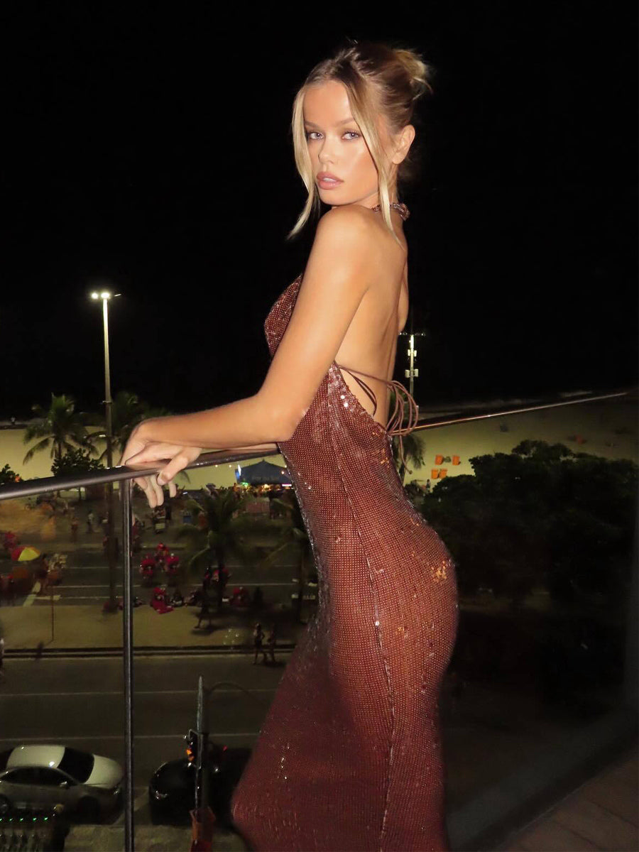 Sparkly Sequin Maxi Formal Dress For Women - Brown Halter Backless Bodycon Slim Long Gown - Summer Gala Night Out Party 2026