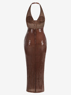 Sparkly Sequin Maxi Formal Dress For Women - Brown Halter Backless Bodycon Slim Long Gown - Summer Gala Night Out Party 2026