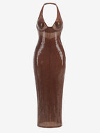 Sparkly Sequin Maxi Formal Dress For Women - Brown Halter Backless Bodycon Slim Long Gown - Summer Gala Night Out Party 2026