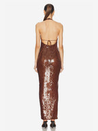 Sparkly Sequin Maxi Formal Dress For Women - Brown Halter Backless Bodycon Slim Long Gown - Summer Gala Night Out Party 2026