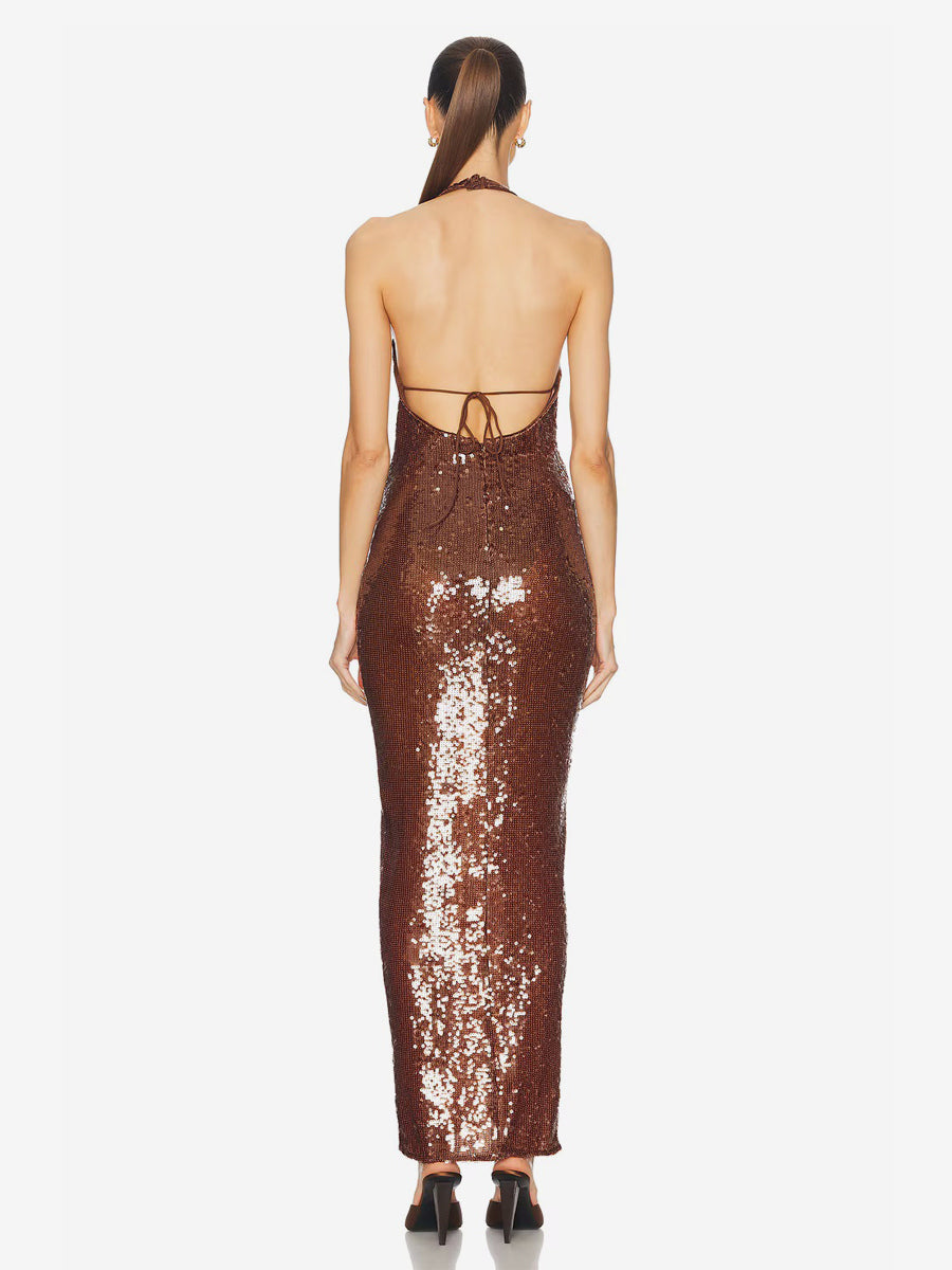 Sparkly Sequin Maxi Formal Dress For Women - Brown Halter Backless Bodycon Slim Long Gown - Summer Gala Night Out Party 2026