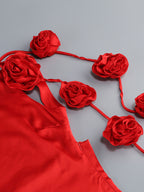 Elegant Rosette Maxi Evening Dress For Women - Red Satin Backless Bodycon Long Gown With 3D Flowers - Summer Prom Party 2026