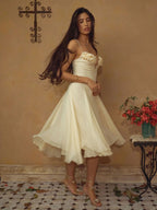 3D Floral A-Line Sheer Midi Dress For Women - Butter Yellow Fairycore V-Neck Slip Dress - Summer Beach Date Night 2026