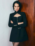 Cutout Long Sleeve Mini Dress For Women - Mock Neck Button Detail Dress - Spring Date Night Party 2026