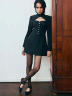 Cutout Long Sleeve Mini Dress For Women - Mock Neck Button Detail Dress - Spring Date Night Party 2026