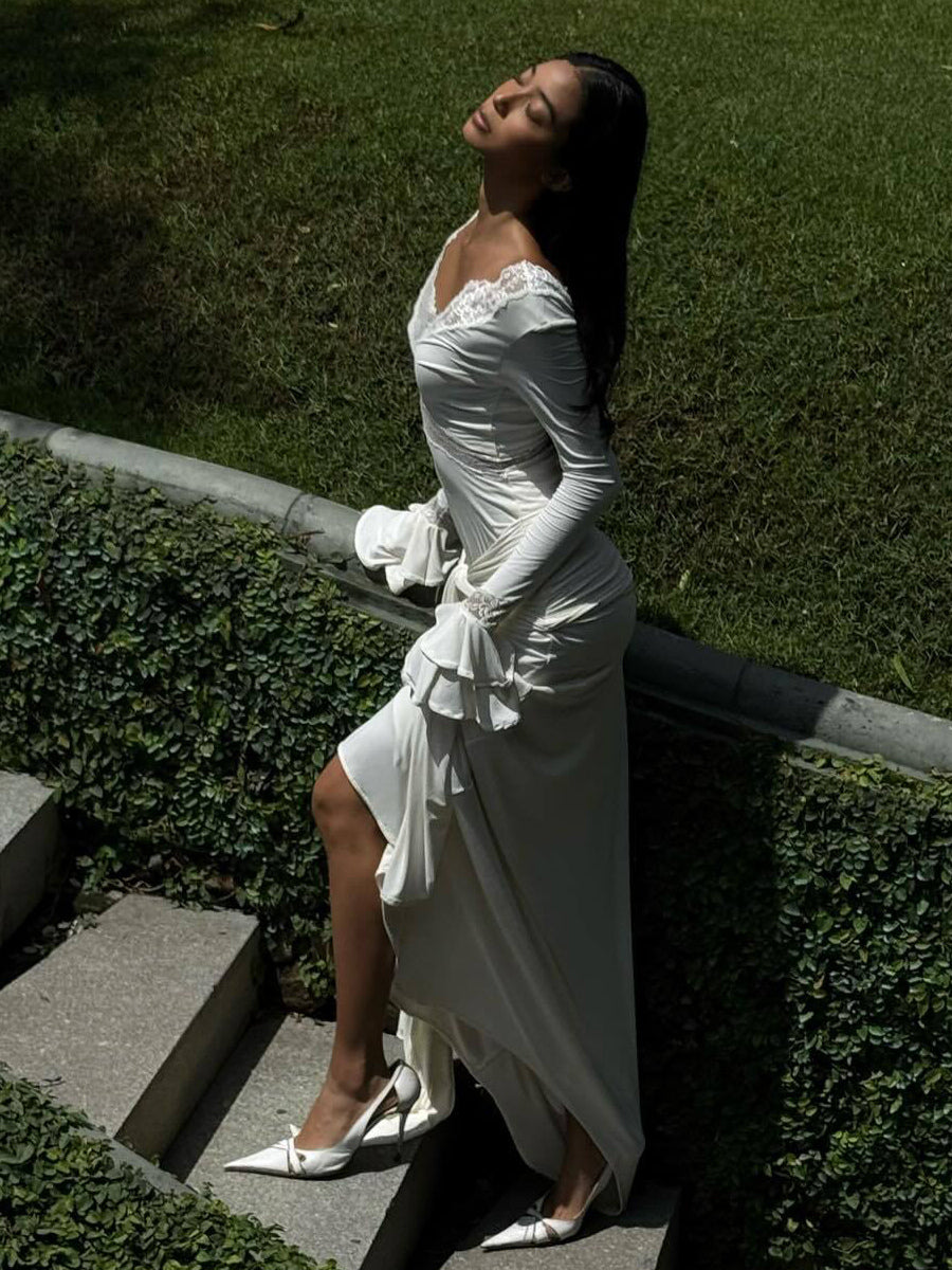 Lace Trim V Neck Maxi Dress For Women - White Boho Long Sleeve Trumpet Cuff Bodycon Gown - Spring Beach Bridal Party 2026