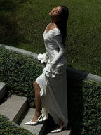 Lace Trim V Neck Maxi Dress For Women - White Boho Long Sleeve Trumpet Cuff Bodycon Gown - Spring Beach Bridal Party 2026