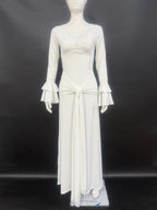 Lace Trim V Neck Maxi Dress For Women - White Boho Long Sleeve Trumpet Cuff Bodycon Gown - Spring Beach Bridal Party 2026