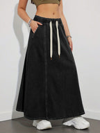 Drawstring Waist Denim Maxi Skirt For Women - Casual A-Line Flare Long Skirt With Pockets - Spring Holiday 2026