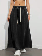 Drawstring Waist Denim Maxi Skirt For Women - Casual A-Line Flare Long Skirt With Pockets - Spring Holiday 2026