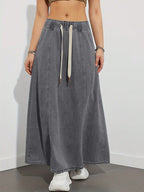 Drawstring Waist Denim Maxi Skirt For Women - Casual A-Line Flare Long Skirt With Pockets - Spring Holiday 2026
