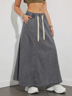 Drawstring Waist Denim Maxi Skirt For Women - Casual A-Line Flare Long Skirt With Pockets - Spring Holiday 2026