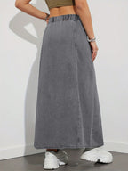 Drawstring Waist Denim Maxi Skirt For Women - Casual A-Line Flare Long Skirt With Pockets - Spring Holiday 2026