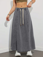 Drawstring Waist Denim Maxi Skirt For Women - Casual A-Line Flare Long Skirt With Pockets - Spring Holiday 2026
