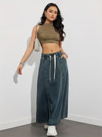 Drawstring Waist Denim Maxi Skirt For Women - Casual A-Line Flare Long Skirt With Pockets - Spring Holiday 2026