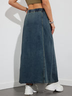 Drawstring Waist Denim Maxi Skirt For Women - Casual A-Line Flare Long Skirt With Pockets - Spring Holiday 2026