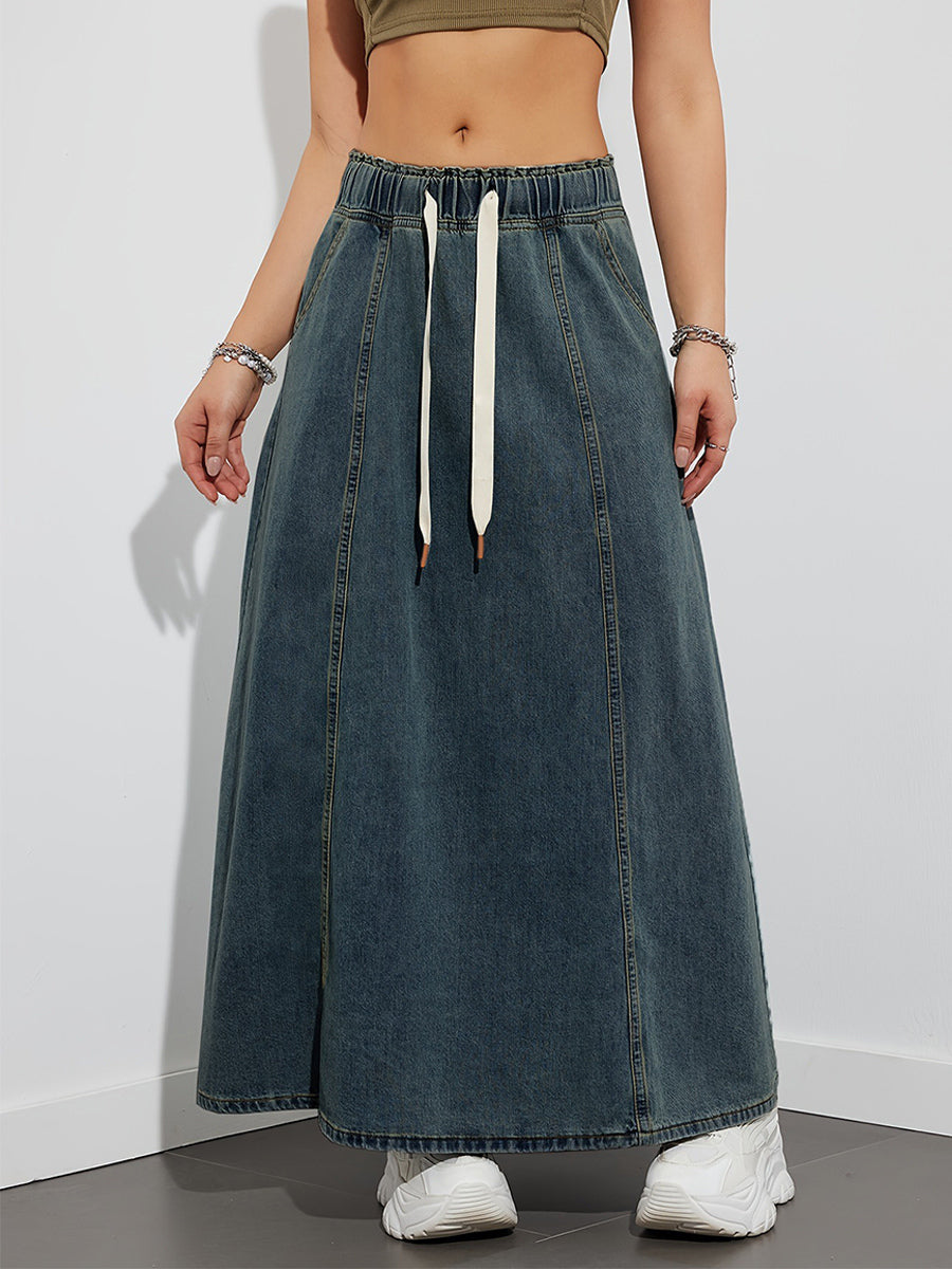 Drawstring Waist Denim Maxi Skirt For Women - Casual A-Line Flare Long Skirt With Pockets - Spring Holiday 2026
