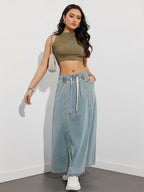 Drawstring Waist Denim Maxi Skirt For Women - Casual A-Line Flare Long Skirt With Pockets - Spring Holiday 2026