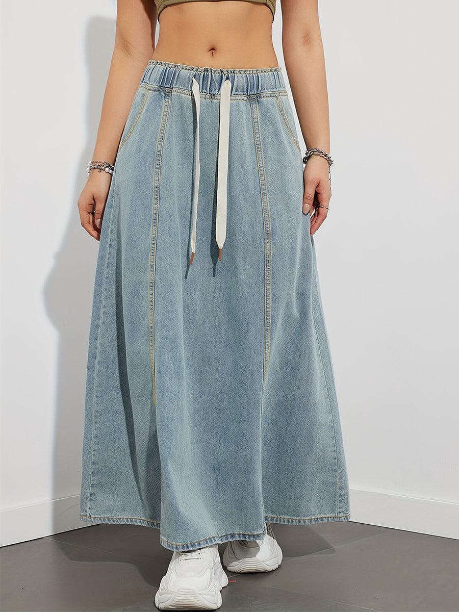 Drawstring Waist Denim Maxi Skirt For Women - Casual A-Line Flare Long Skirt With Pockets - Spring Holiday 2026