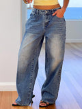 Heart Pocket Wide Leg Jeans For Women - Acid Wash Blue Y2K Baggy Straight Denim Pants - Spring Date Night Streetwear 2026