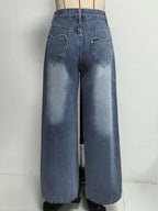 Heart Pocket Wide Leg Jeans For Women - Acid Wash Blue Y2K Baggy Straight Denim Pants - Spring Date Night Streetwear 2026