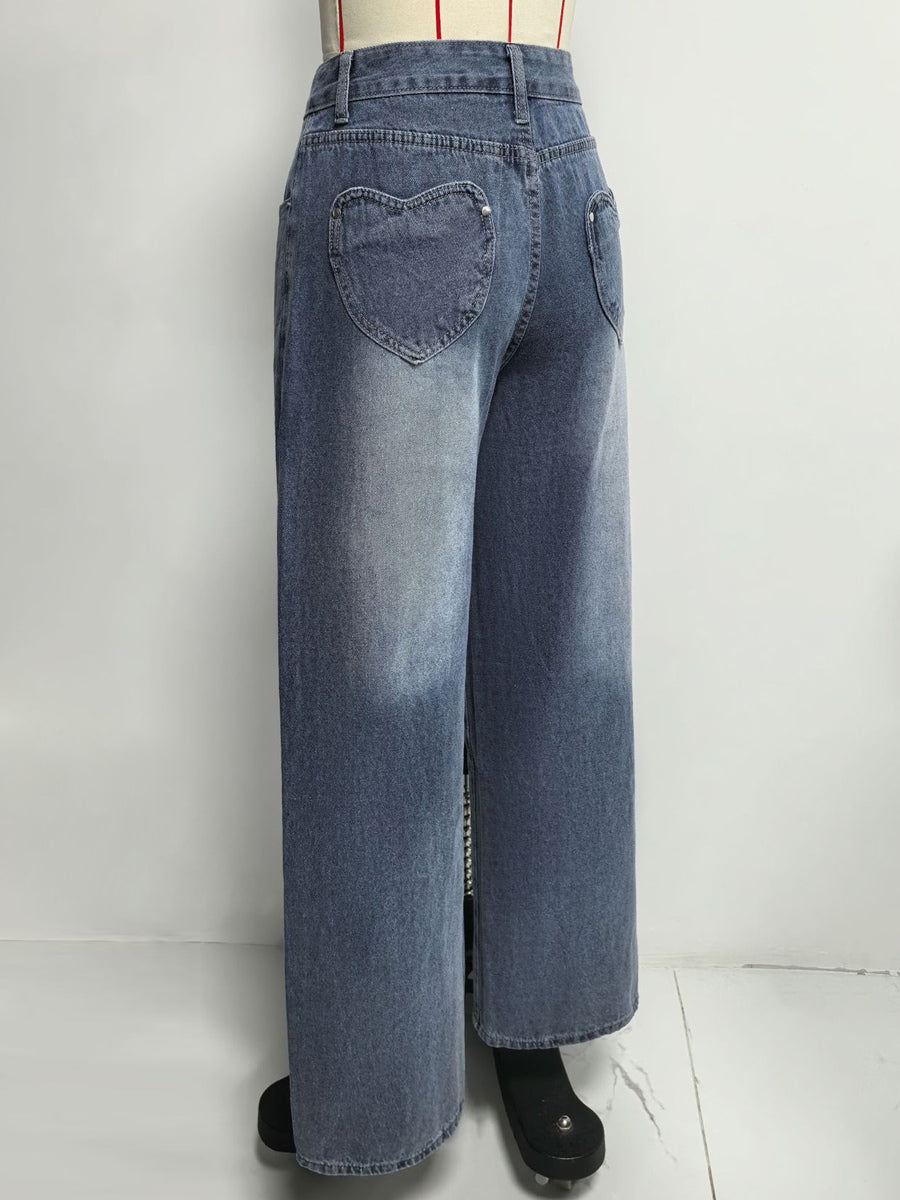 Heart Pocket Wide Leg Jeans For Women - Acid Wash Blue Y2K Baggy Straight Denim Pants - Spring Date Night Streetwear 2026