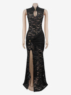 Sexy Lace Cutout Maxi Dress For Women - High Slit Ruched Bodycon Evening Gown - Summer Night Out Club Party 2026