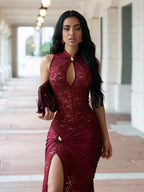 Sexy Lace Cutout Maxi Dress For Women - High Slit Ruched Bodycon Evening Gown - Summer Night Out Club Party 2026