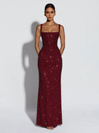 Sparkly Sequin Maxi Formal Dress For Women - Square Neck Slim Fit Back Lace-up Bodycon Mermaid Gown - Summer Gala Prom 2026