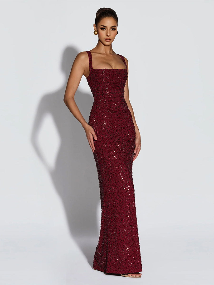 Sparkly Sequin Maxi Formal Dress For Women - Square Neck Slim Fit Back Lace-up Bodycon Mermaid Gown - Summer Gala Prom 2026