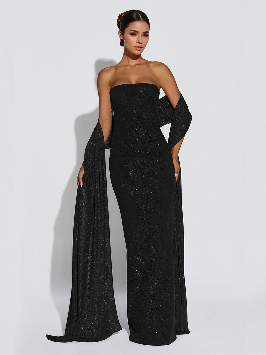 Glitter Tube Maxi Dress For Women - Sexy Backless Long Bodycon Gown With Scarf - Summer Evening Formal 2026