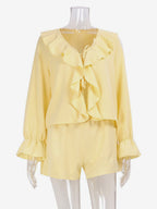 Boho Ruffle 2 Piece Set For Women - Long Sleeve Front Tie Crop Top And Shorts - Summer Beach Vacation Outfit 2026
