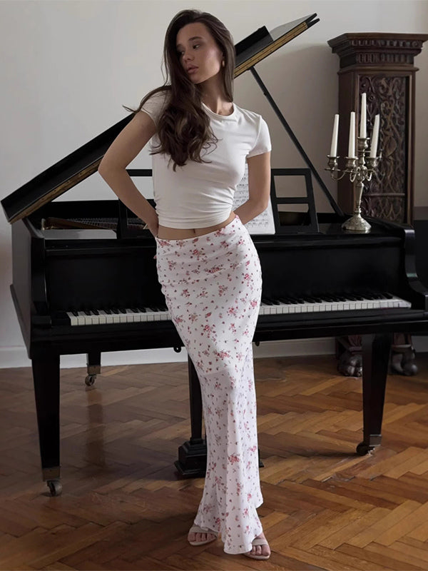 Floral Print Maxi Skirt For Women - Cottagecore Low Waist Slim Fit Long Skirts - Summer Picnic Casual 2026