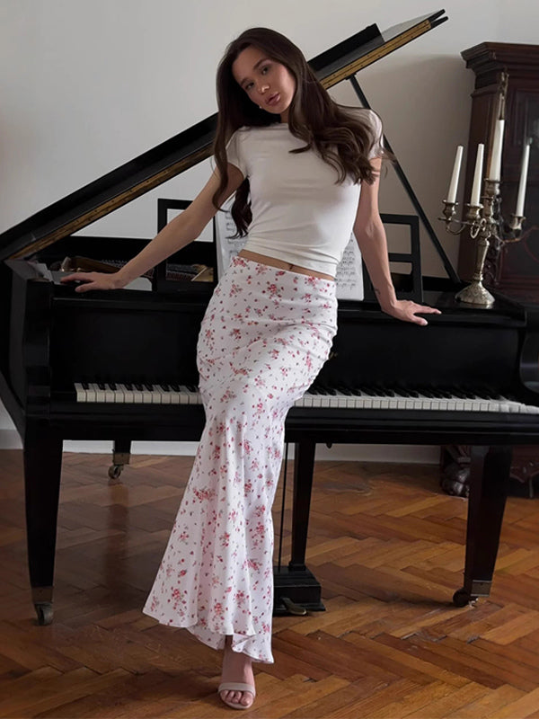 Floral Print Maxi Skirt For Women - Cottagecore Low Waist Slim Fit Long Skirts - Summer Picnic Casual 2026