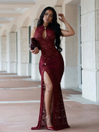 Sexy Lace Cutout Maxi Dress For Women - High Slit Ruched Bodycon Evening Gown - Summer Night Out Club Party 2026
