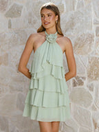 3D Flower Halter Mini Dress For Women - Elegant Rosette Tiered Ruffle Chiffon Backless Sun Dress - Summer Wedding Guest 2026