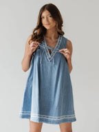 Embroidered Denim Mini Dress For Women - Casual V Neck Tie Front Loose Babydoll Sun Dress With Pockets - Summer Beach Vacation 2026