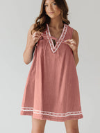 Embroidered Denim Mini Dress For Women - Casual V Neck Tie Front Loose Babydoll Sun Dress With Pockets - Summer Beach Vacation 2026