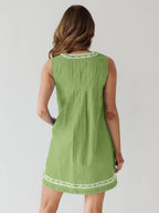 Embroidered Denim Mini Dress For Women - Casual V Neck Tie Front Loose Babydoll Sun Dress With Pockets - Summer Beach Vacation 2026