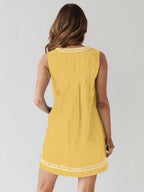 Embroidered Denim Mini Dress For Women - Casual V Neck Tie Front Loose Babydoll Sun Dress With Pockets - Summer Beach Vacation 2026