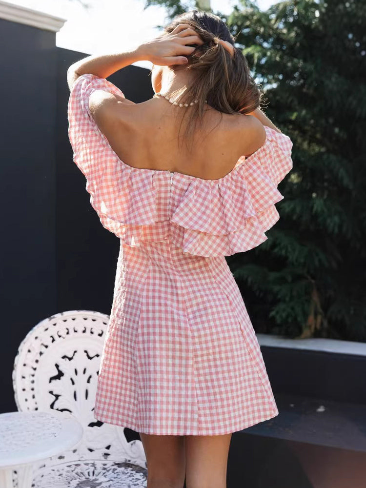 Gingham Off Shoulder Mini Dress For Women - Pink Cottagecore Ruffle Skater Dress - Summer Picnic Party 2026